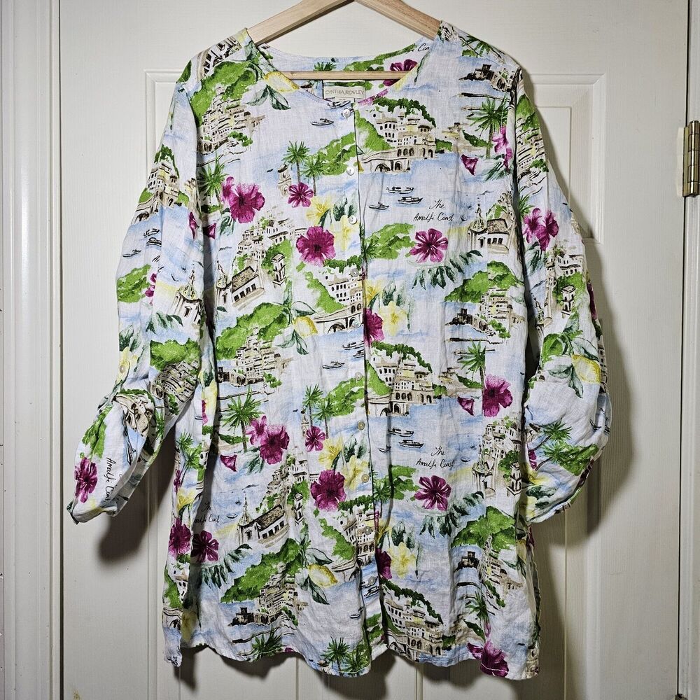 Cynthia Rowley 2X Linen Amalfi French Coast Print Mother Of Pearl Button Tunic